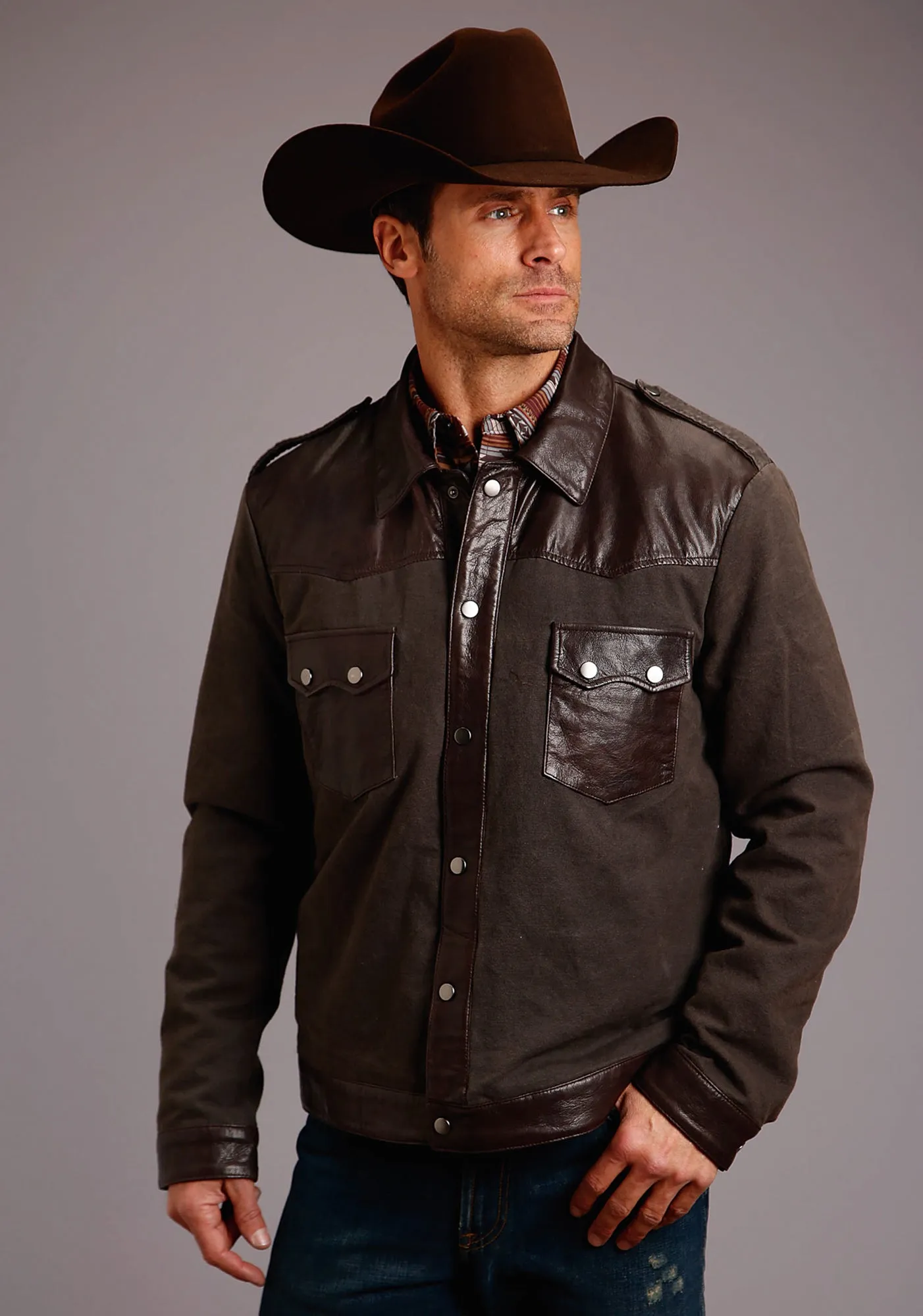 Stetson Mens Brown Leather Canvas Jean Jacket