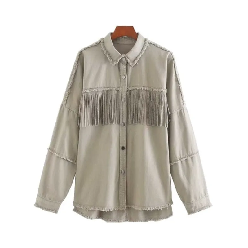 Stylish Fringe Beaded Loose Denim Jacket Long Sleeve Frayed Trim Outerwear