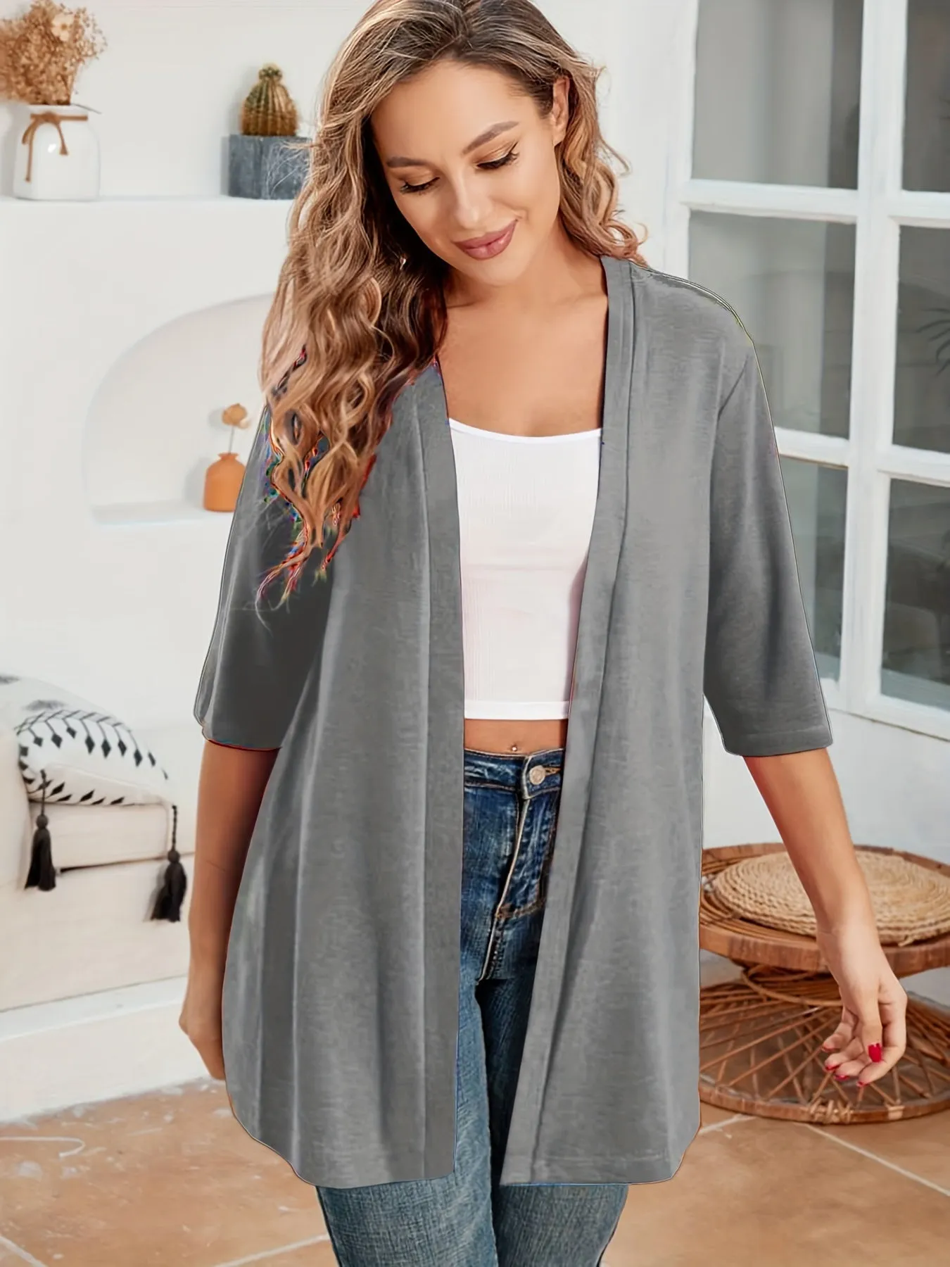 Stylish Plus Size Solid Color Half Sleeve Cardigan