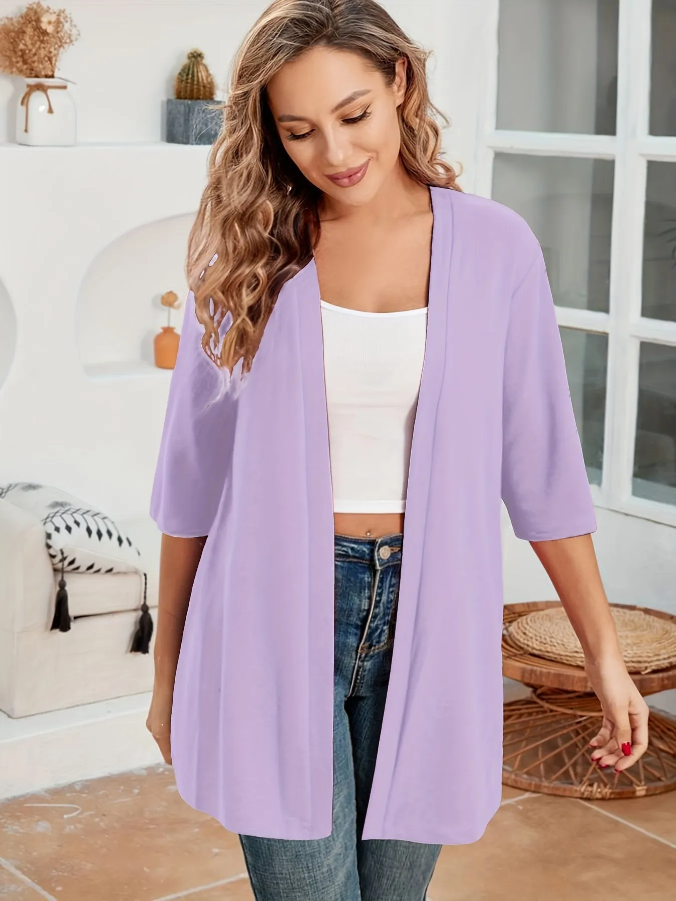 Stylish Plus Size Solid Color Half Sleeve Cardigan