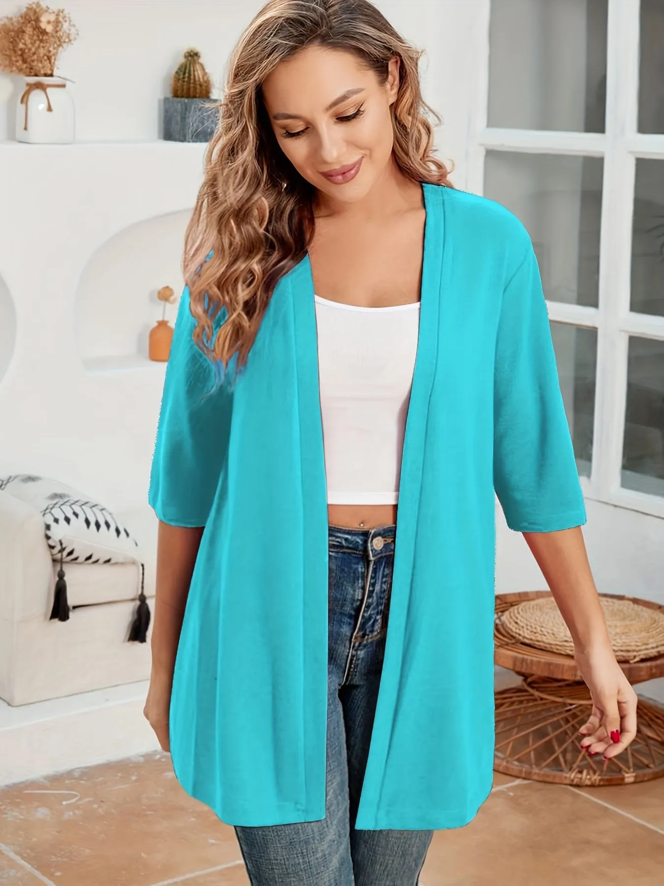 Stylish Plus Size Solid Color Half Sleeve Cardigan