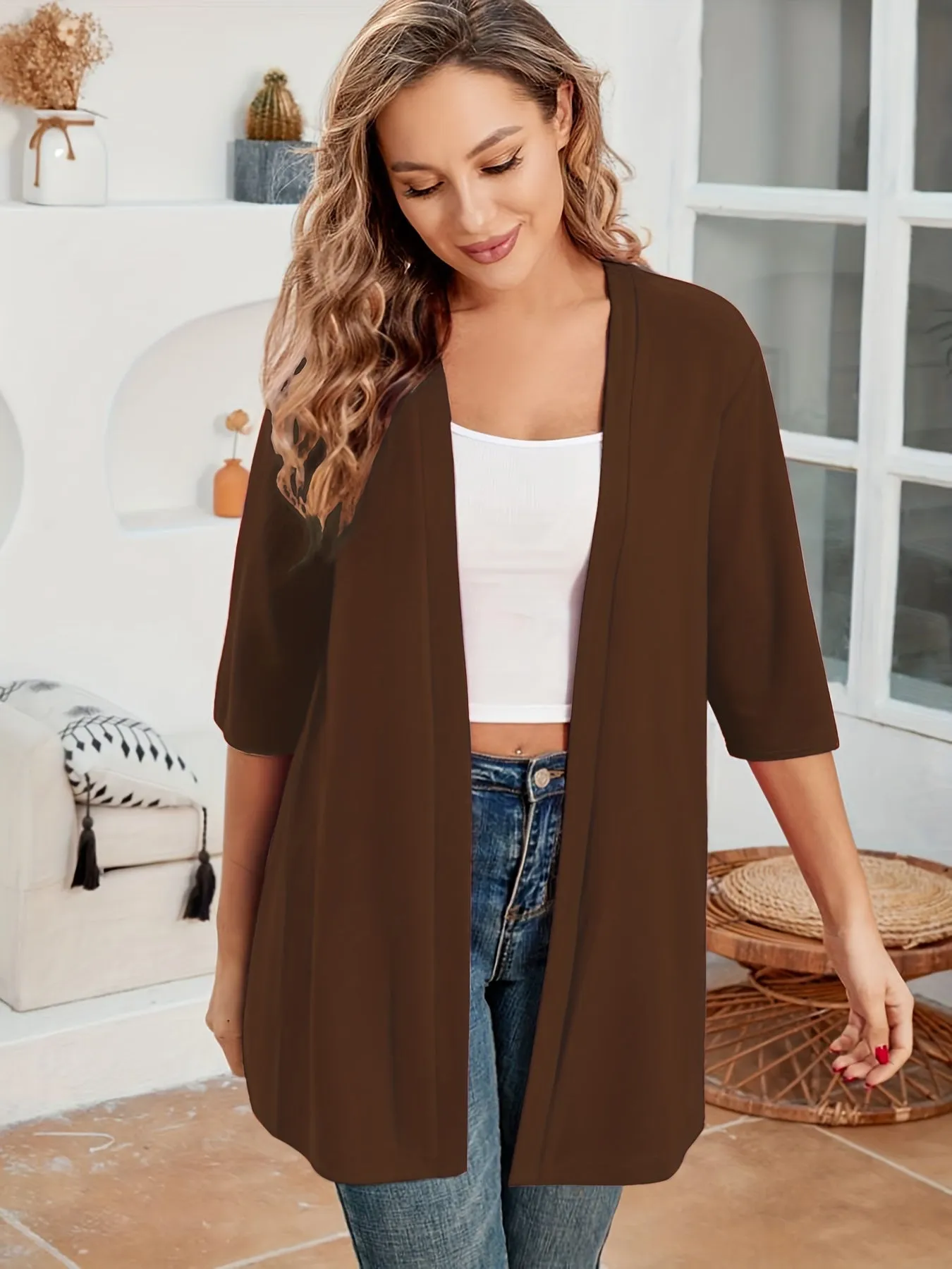 Stylish Plus Size Solid Color Half Sleeve Cardigan