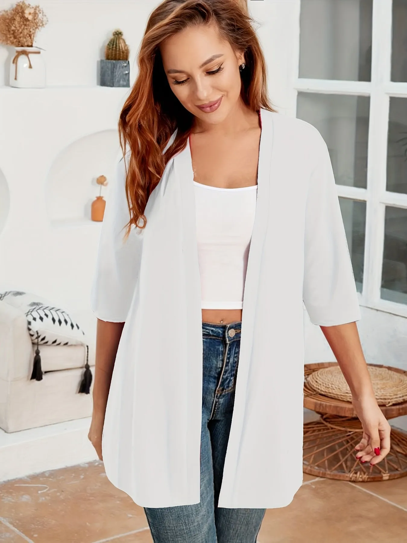 Stylish Plus Size Solid Color Half Sleeve Cardigan