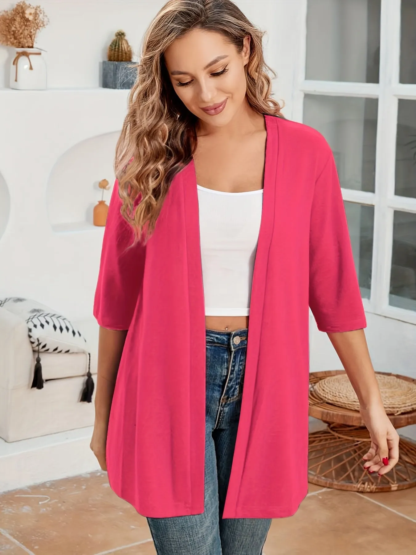 Stylish Plus Size Solid Color Half Sleeve Cardigan