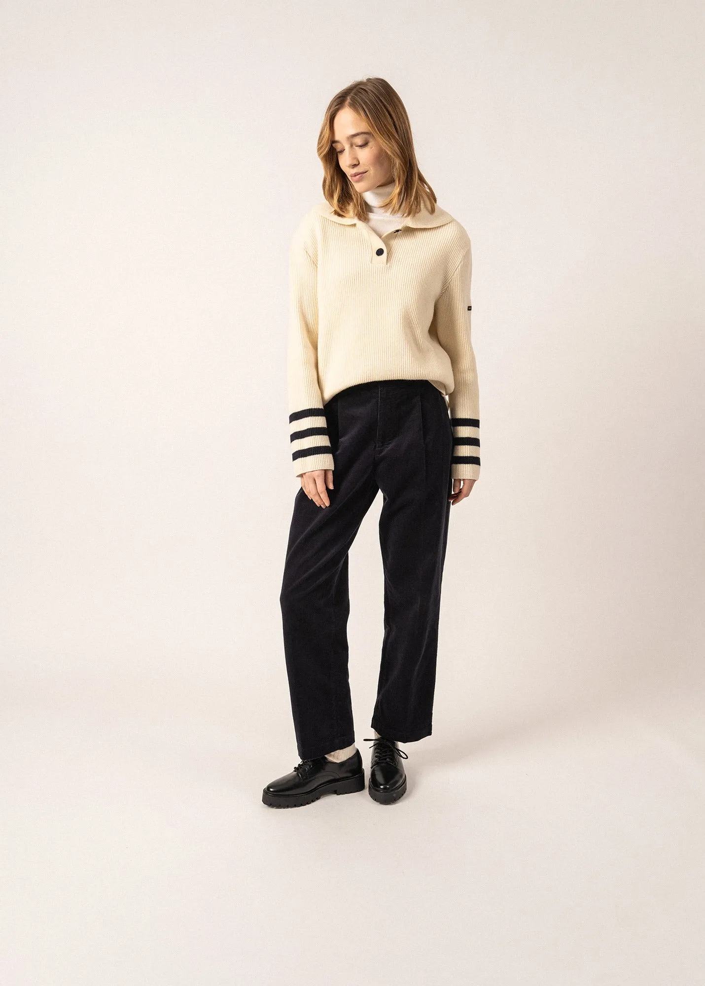 Vanoise Sailor-inspired High Neck Jumper - in wool, with striped details (ECUME/NAVY)