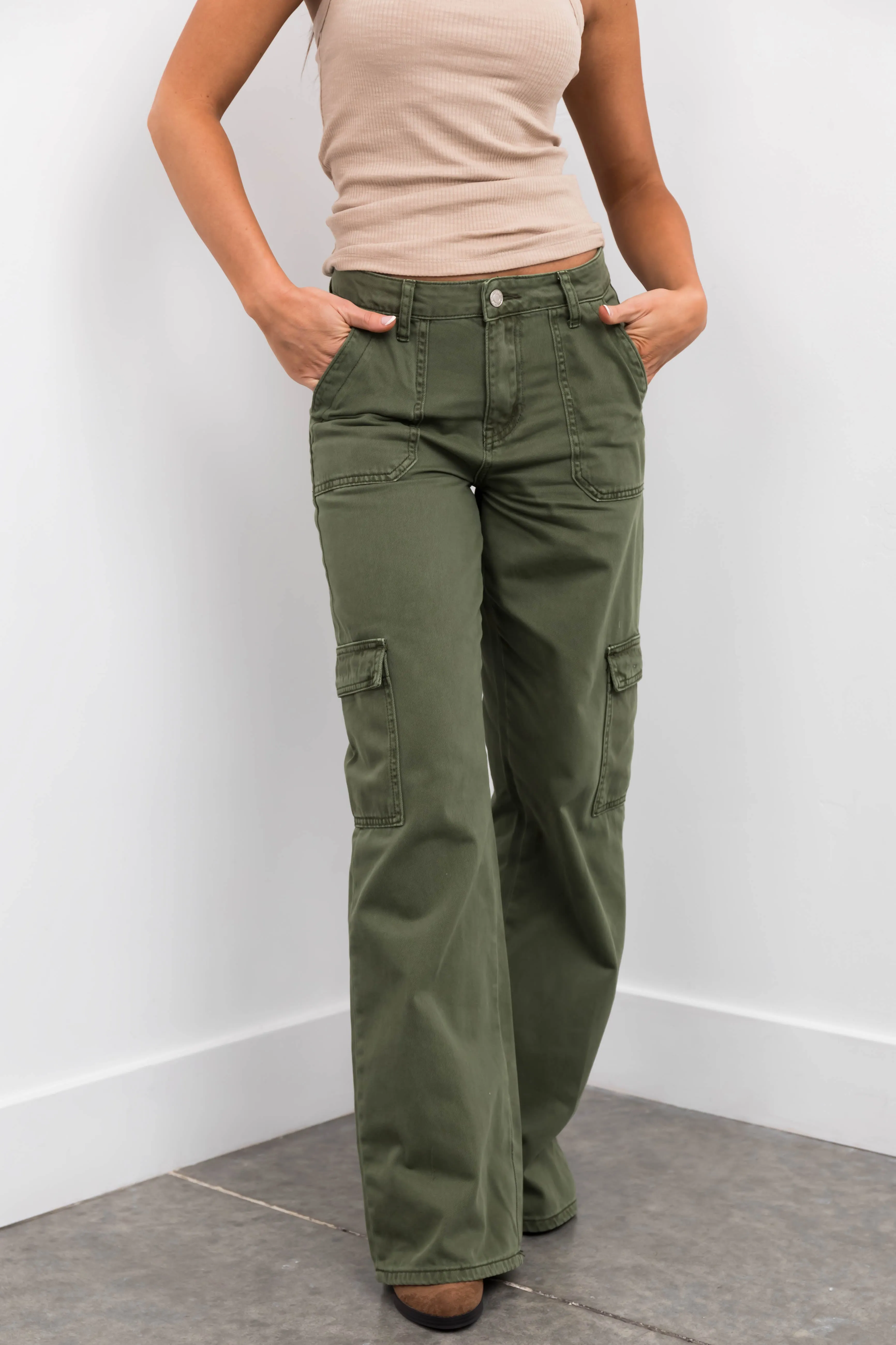 Vervet Army Green High Rise Wide Leg Cargo Jeans