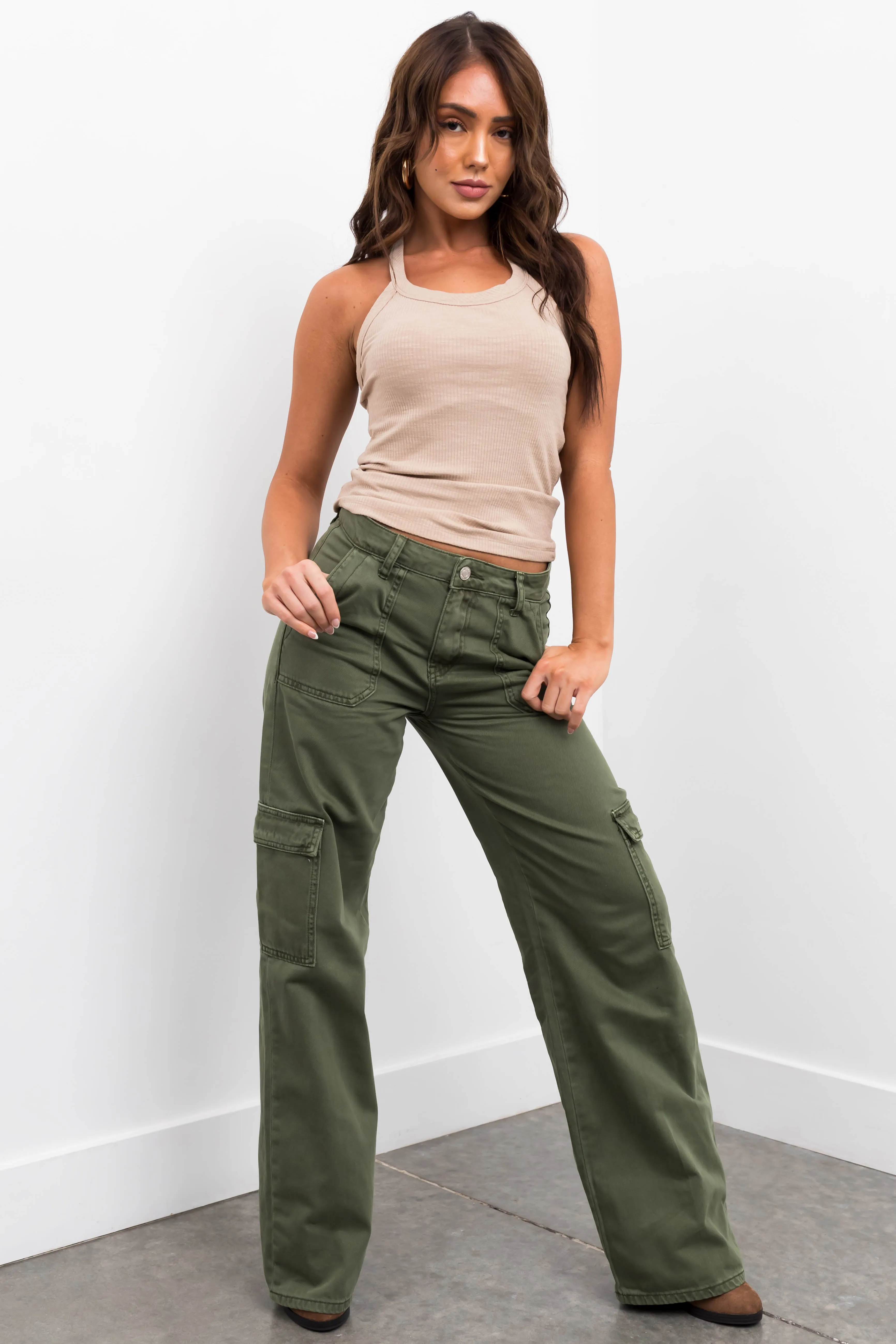 Vervet Army Green High Rise Wide Leg Cargo Jeans