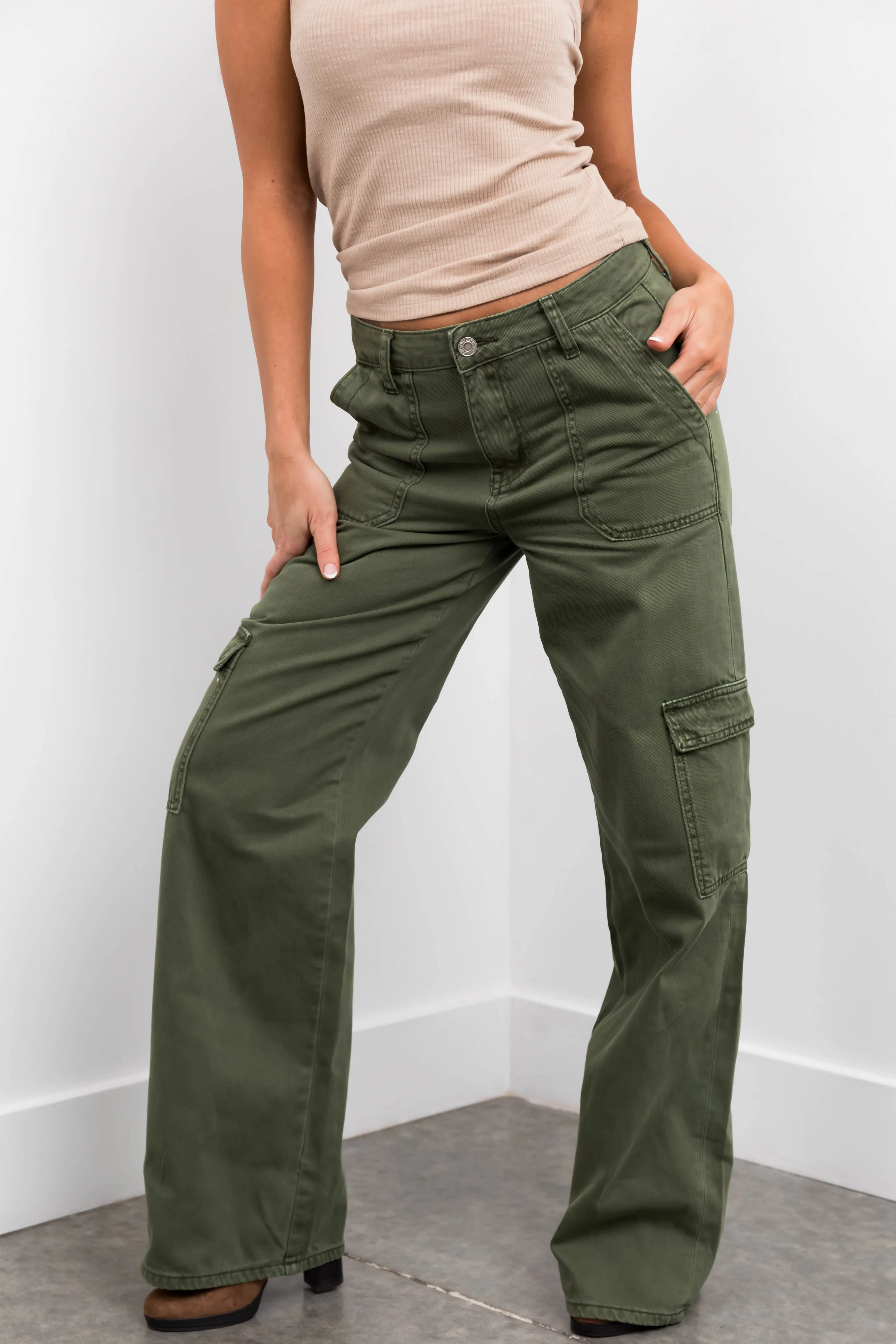 Vervet Army Green High Rise Wide Leg Cargo Jeans