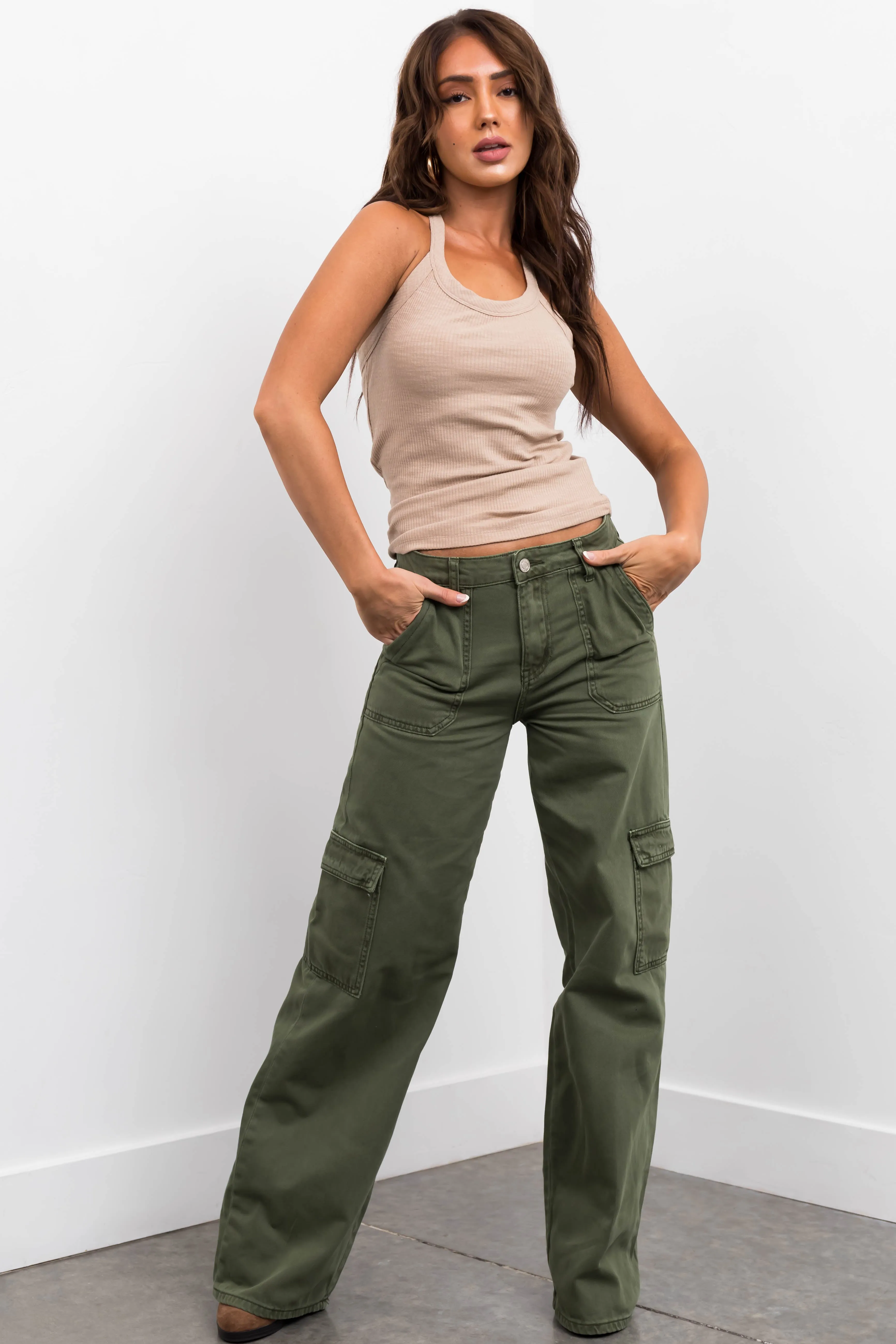 Vervet Army Green High Rise Wide Leg Cargo Jeans