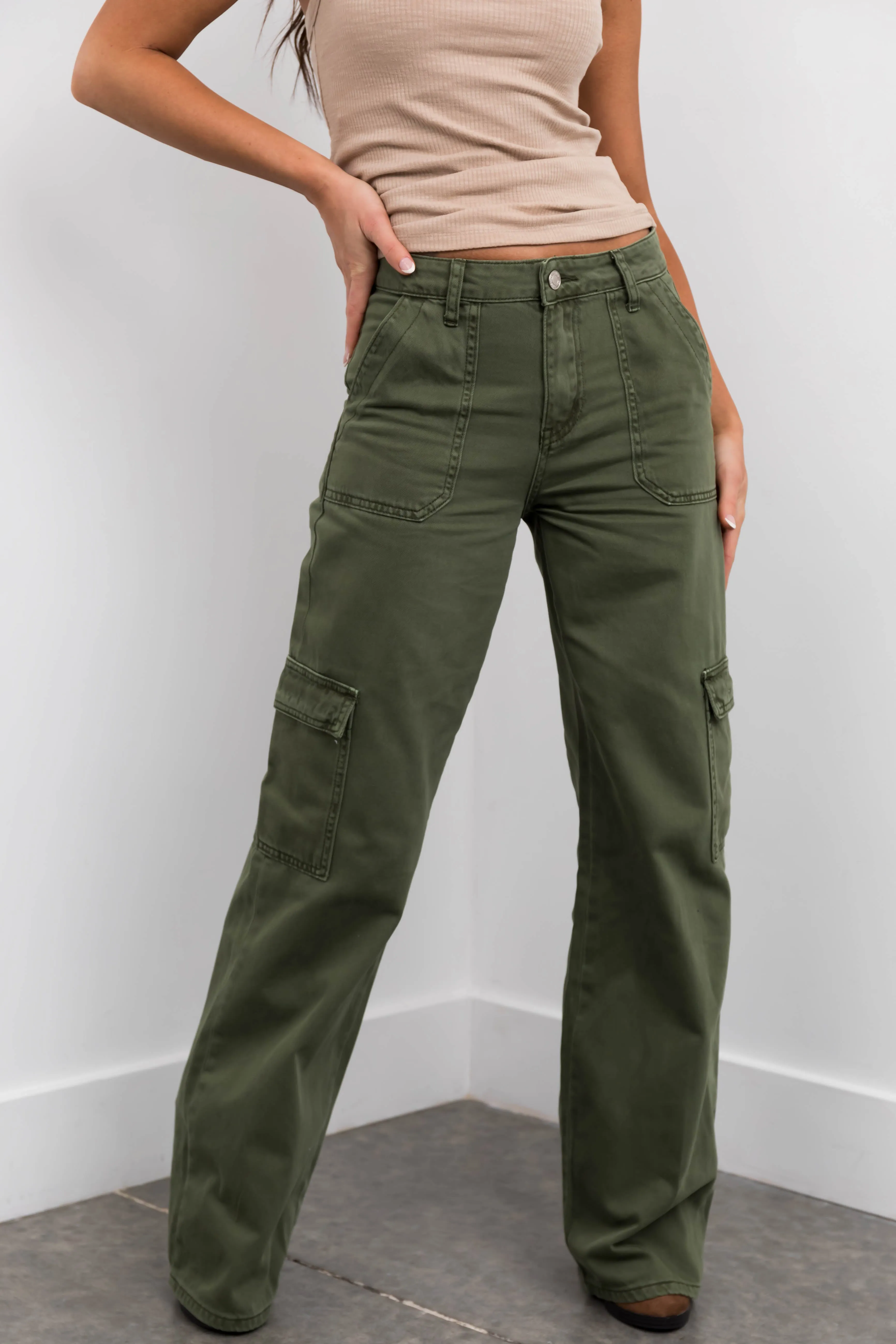 Vervet Army Green High Rise Wide Leg Cargo Jeans