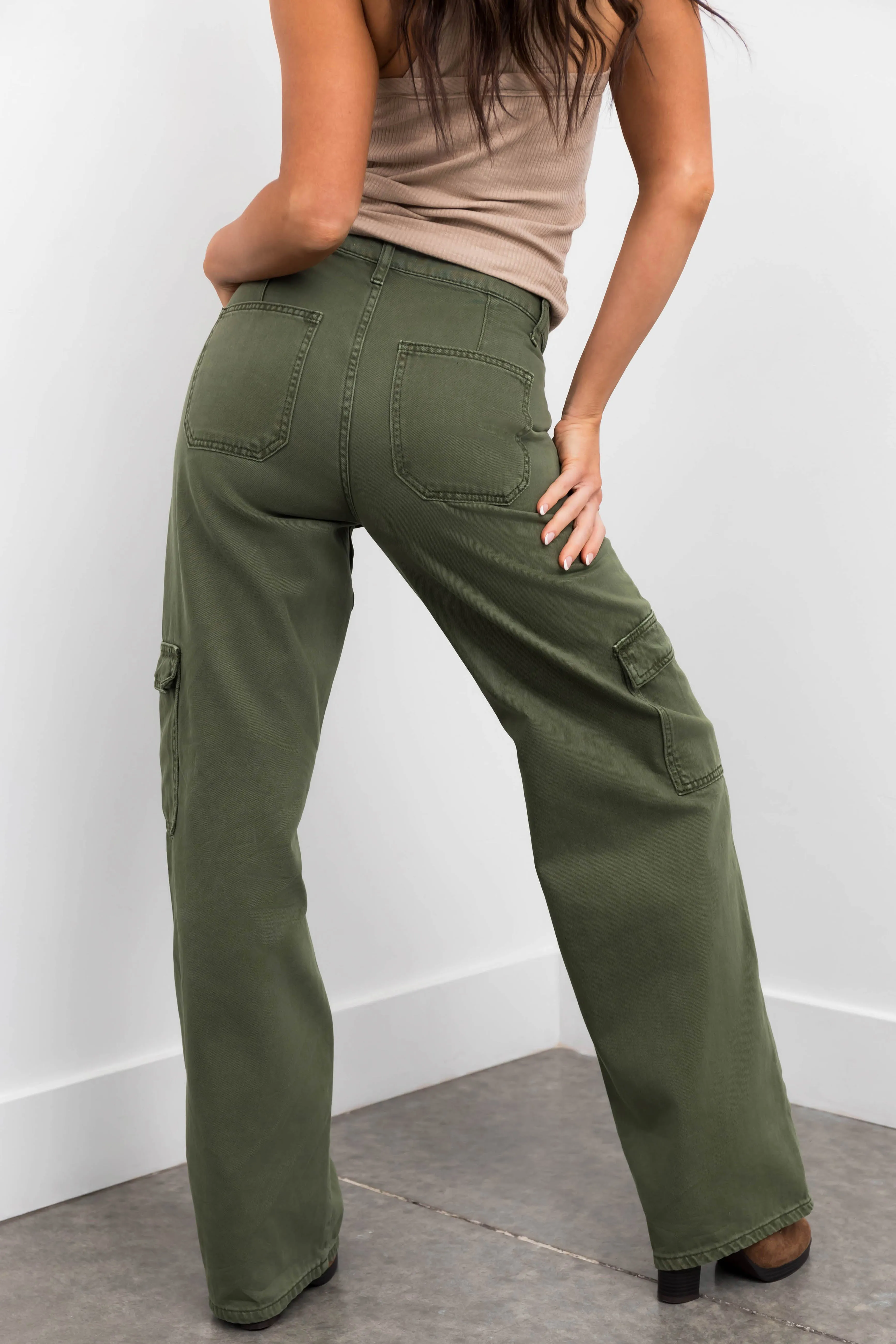 Vervet Army Green High Rise Wide Leg Cargo Jeans