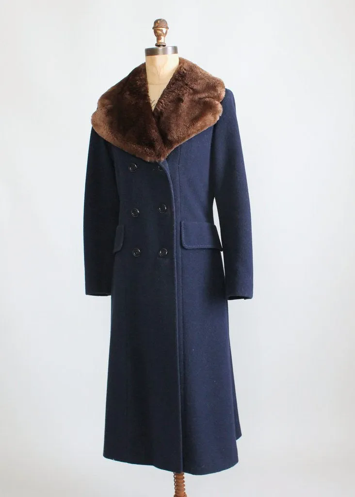 Vintage 1970s Navy Wool and Fur Collar Winter Coat