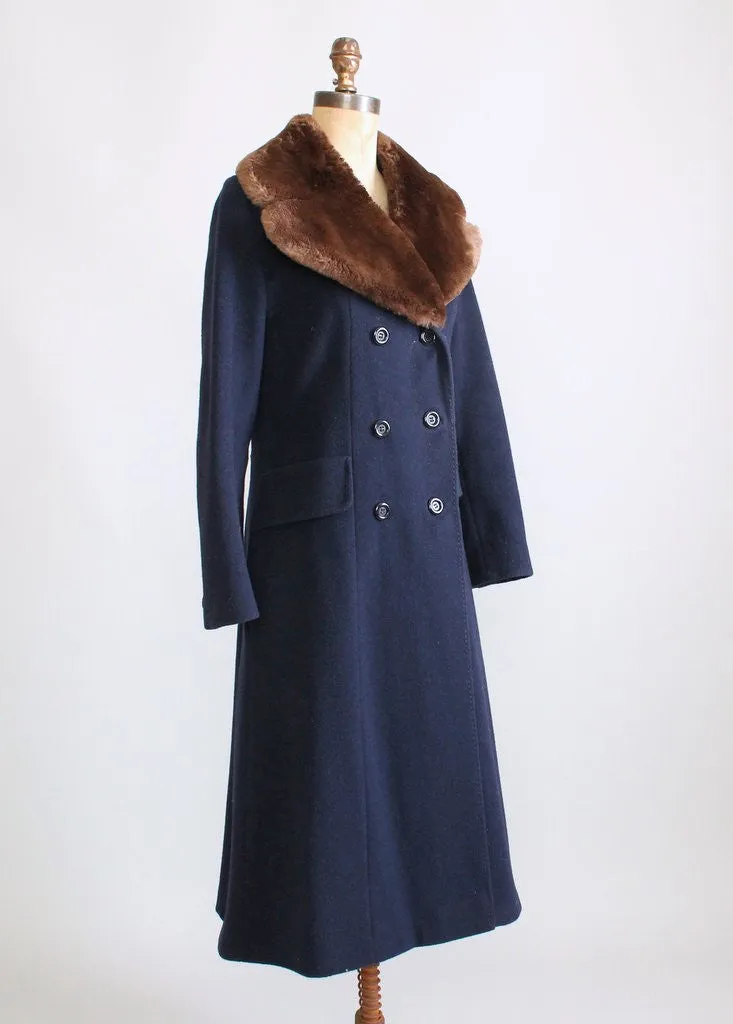 Vintage 1970s Navy Wool and Fur Collar Winter Coat