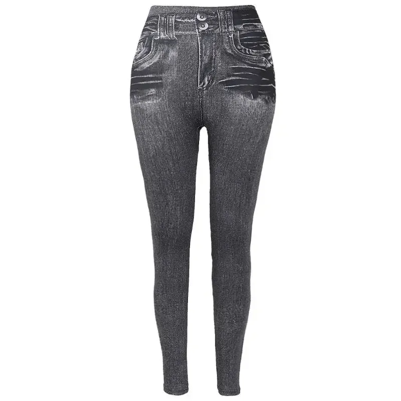 Women Fleece Lined Winter Jeggings Seamless Faux Jeans Denim Slim Pencil Pants